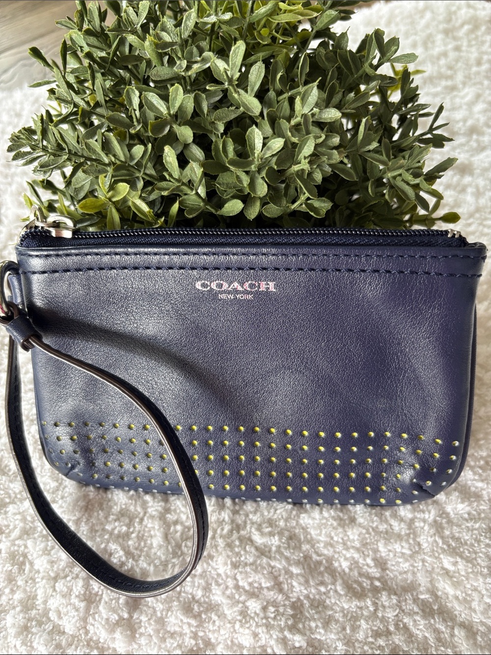 Coach Legacy Navy Bright Neon Yellow Perforated Leather Zip Wristlet